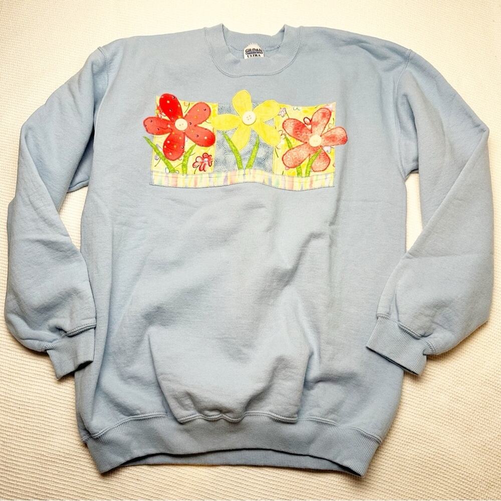 Embroidered flower grandma Gildan Light Blue Ultra Cotton Sweatshirt with button